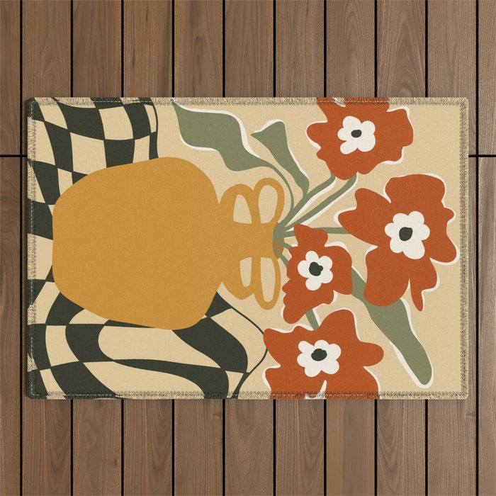 retro checkered flower pot Outdoor Rug Gallery Image 1