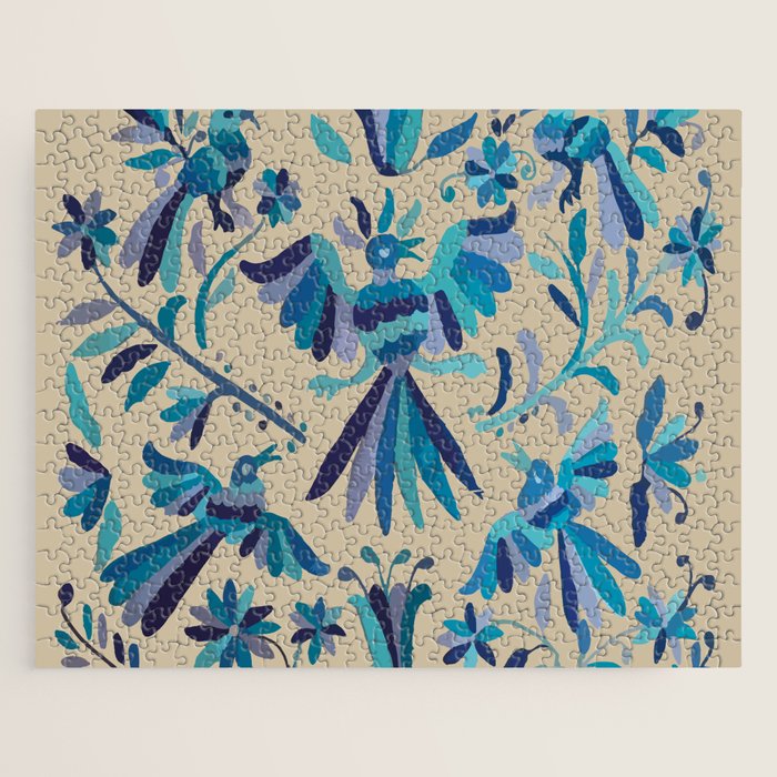 Blue otomi tenango mexican fabric birds and flower embroidery interior design Jigsaw Puzzle Gallery Image 1