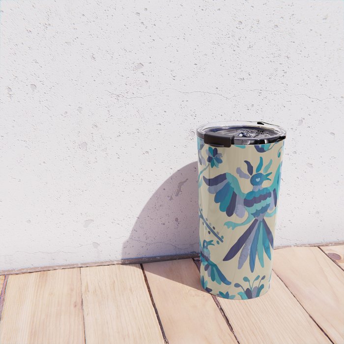Blue otomi tenango mexican fabric birds and flower embroidery interior design Travel Mug Gallery Image 4