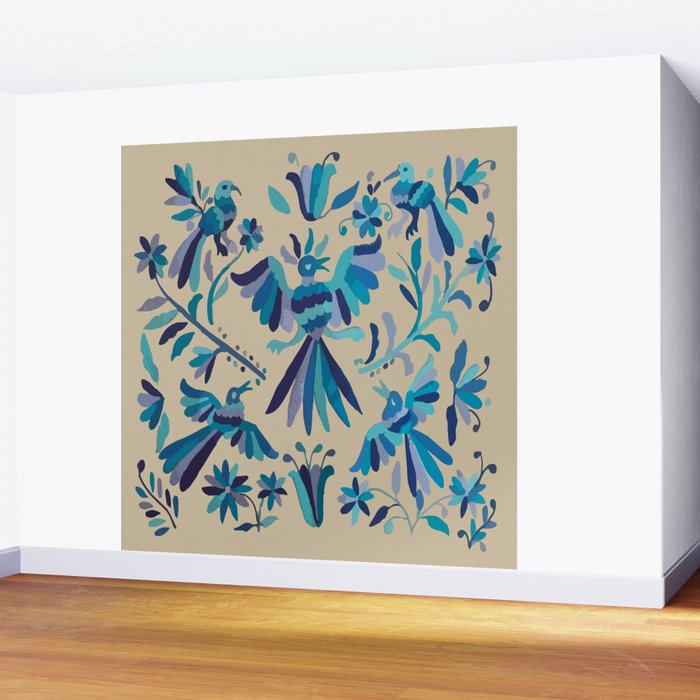 Blue otomi tenango mexican fabric birds and flower embroidery interior design Wall Mural Gallery Image 2