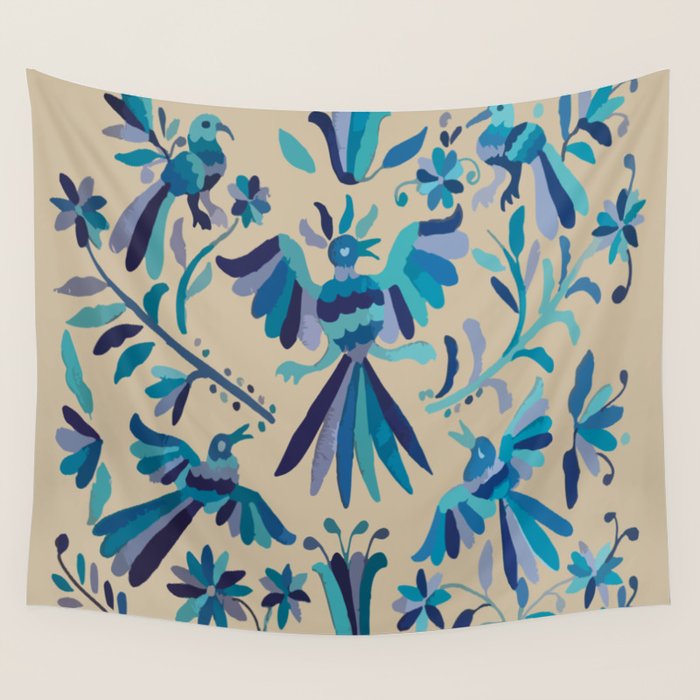 Blue otomi tenango mexican fabric birds and flower embroidery interior design Wall Tapestry Gallery Image 4