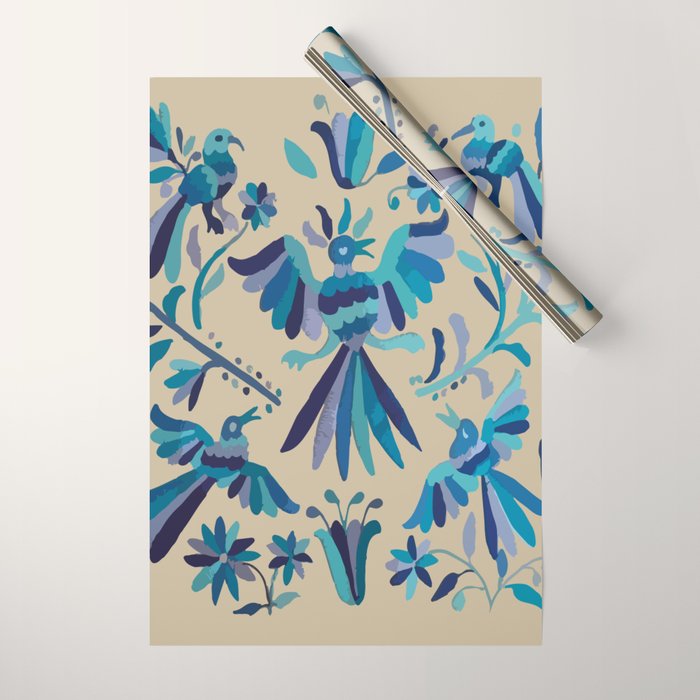 Blue otomi tenango mexican fabric birds and flower embroidery interior design Wrapping Paper Gallery Image 1