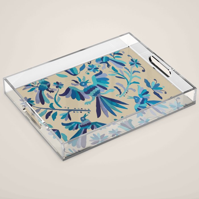 Blue otomi tenango mexican fabric birds and flower embroidery interior design Acrylic Tray Gallery Image 1