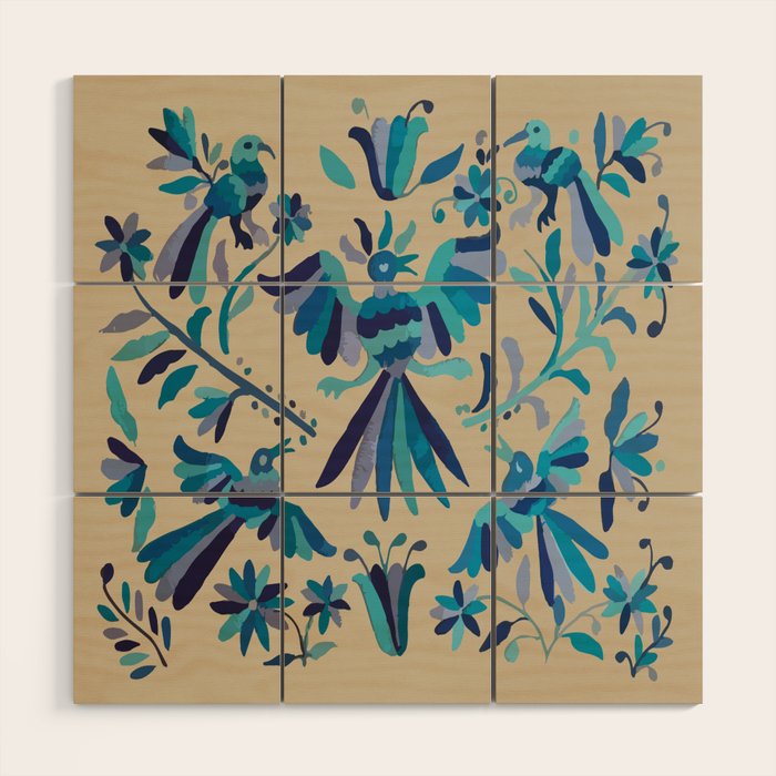 Blue otomi tenango mexican fabric birds and flower embroidery interior design Wood Wall Art Gallery Image 1