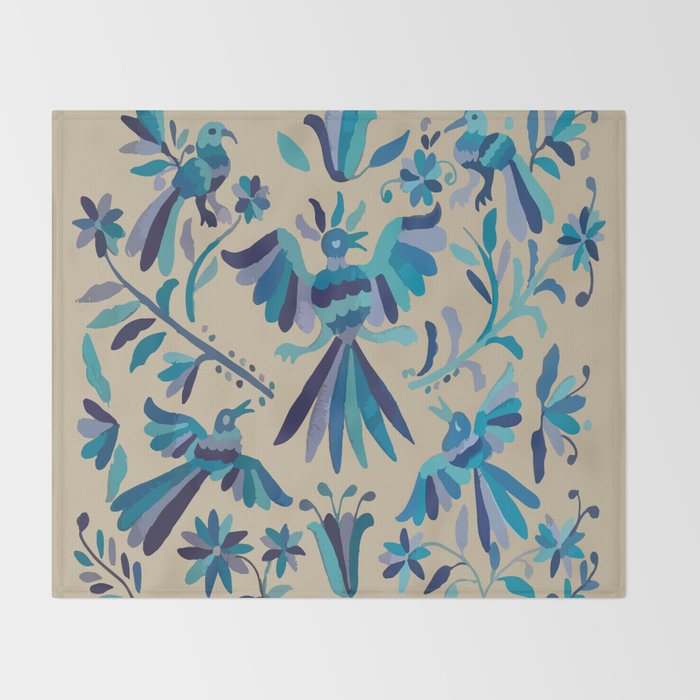Blue otomi tenango mexican fabric birds and flower embroidery interior design Throw Blanket Gallery Image 2