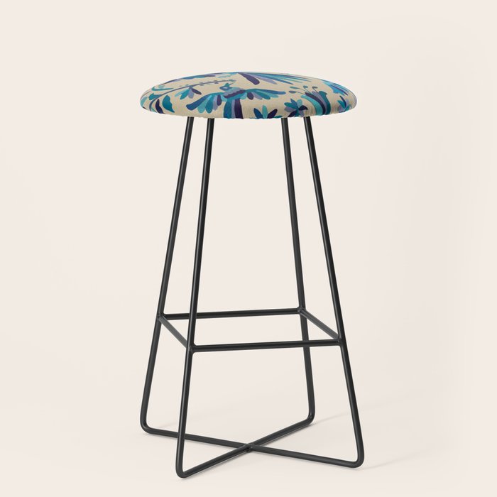 Blue otomi tenango mexican fabric birds and flower embroidery interior design Stool Gallery Image 1