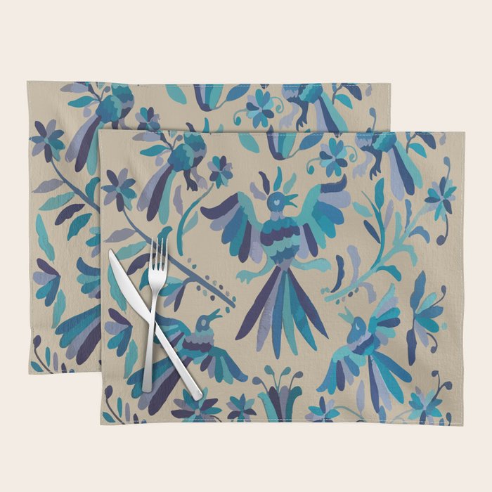 Blue otomi tenango mexican fabric birds and flower embroidery interior design Placemat Gallery Image 1