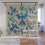Blue otomi tenango mexican fabric birds and flower embroidery interior design Wall Mural Gallery Image 1