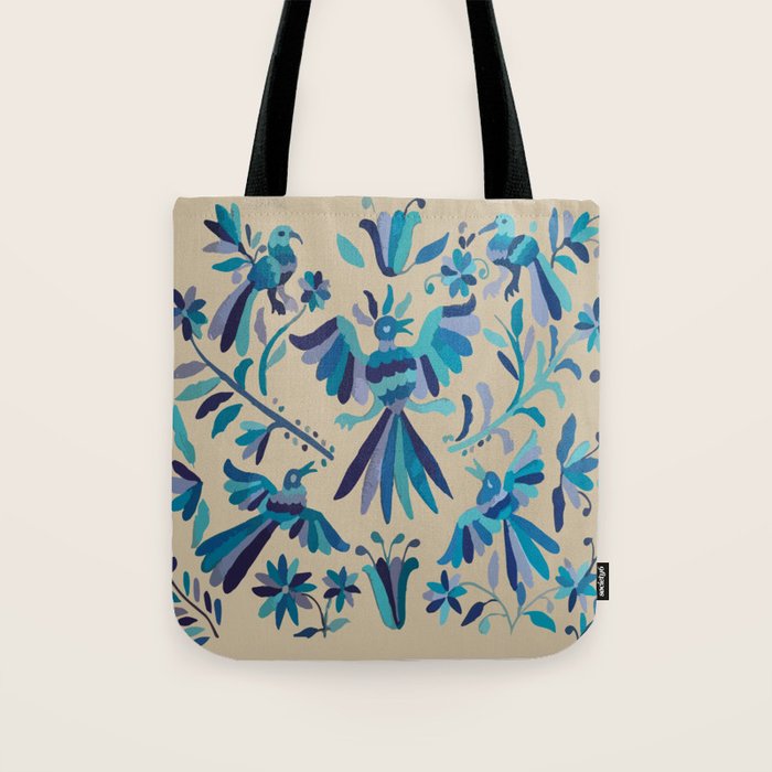 Blue otomi tenango mexican fabric birds and flower embroidery interior design Tote Bag Gallery Image 1