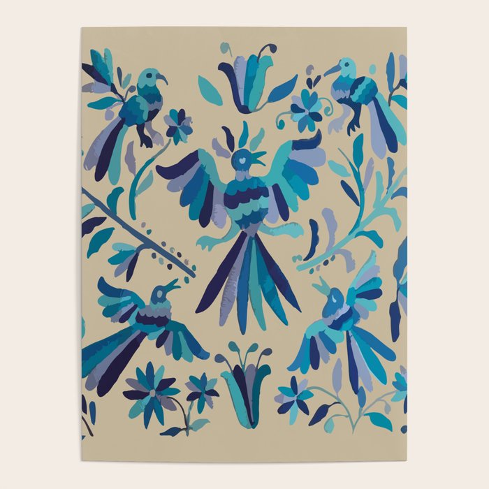 Blue otomi tenango mexican fabric birds and flower embroidery interior design Poster Gallery Image 1