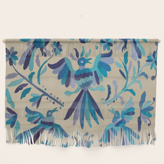 Blue otomi tenango mexican fabric birds and flower embroidery interior design Wall Hanging Gallery Image 1