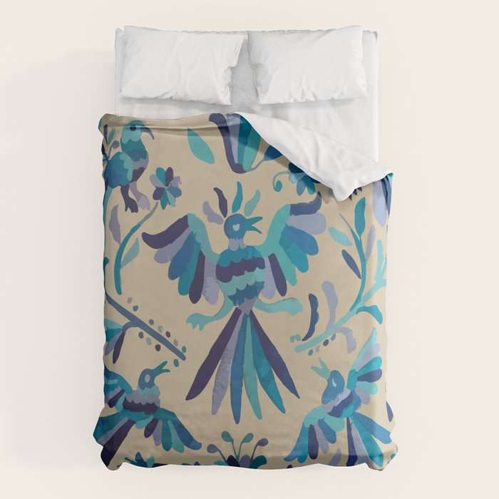Blue otomi tenango mexican fabric birds and flower embroidery interior design Duvet Cover Gallery Image 1