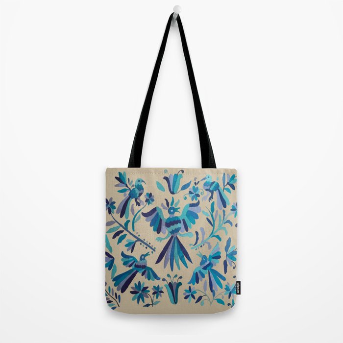 Blue otomi tenango mexican fabric birds and flower embroidery interior design Tote Bag Gallery Image 2