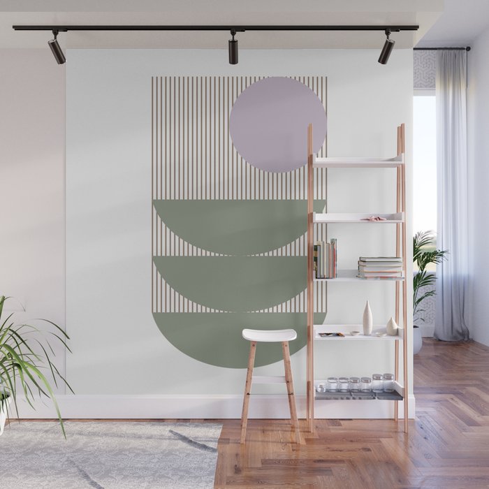 Lines and Shapes in Moss and Lilac Wall Mural Gallery Image 1