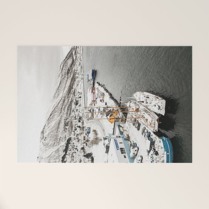 Harbor In Norway Snow Photo | Winter In Norway Boats And Mountains Art Print | Travel Photography Welcome Mat Gallery Image 1
