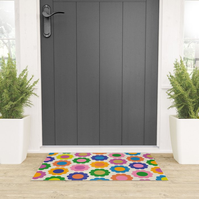 Happy Flowers Colorful Springtime Pattern Welcome Mat Gallery Image 3