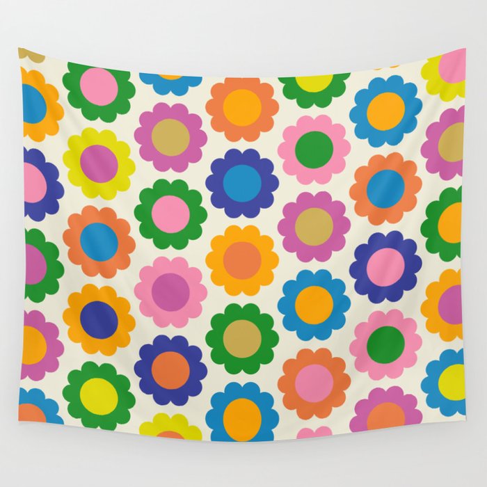 Happy Flowers Colorful Springtime Pattern Wall Tapestry Gallery Image 1