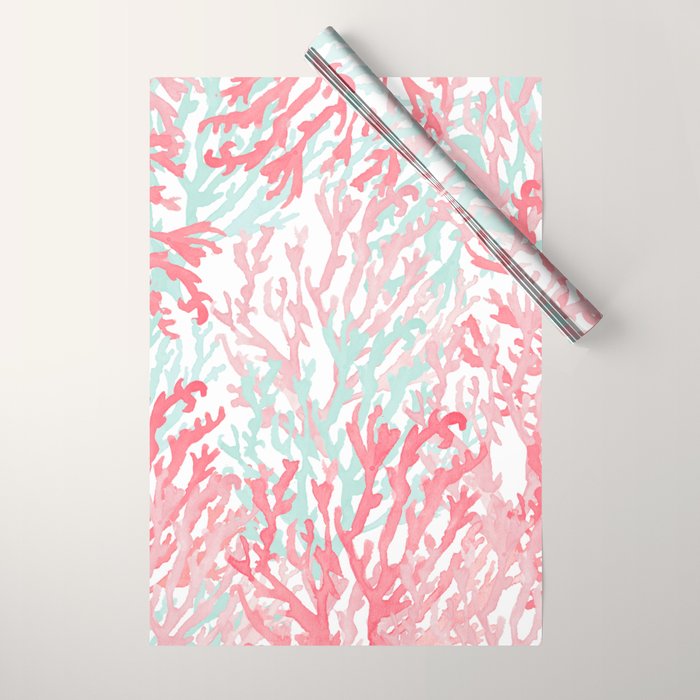 Modern hand painted coral pink teal reef coral floral Wrapping Paper Gallery Image 1