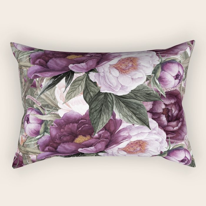 Purple Plum Pink Watercolor Peonies and Greenery Rectangular Pillow Gallery Image 1