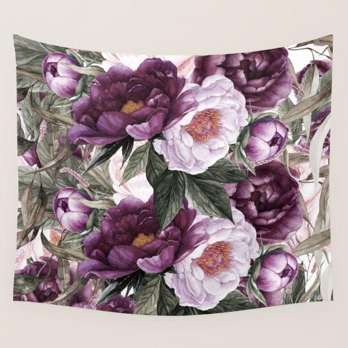Purple Plum Pink Watercolor Peonies and Greenery Wall Tapestry Gallery Image 1