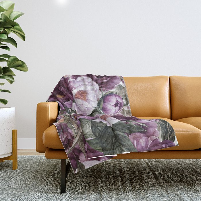 Purple Plum Pink Watercolor Peonies and Greenery Throw Blanket Gallery Image 1