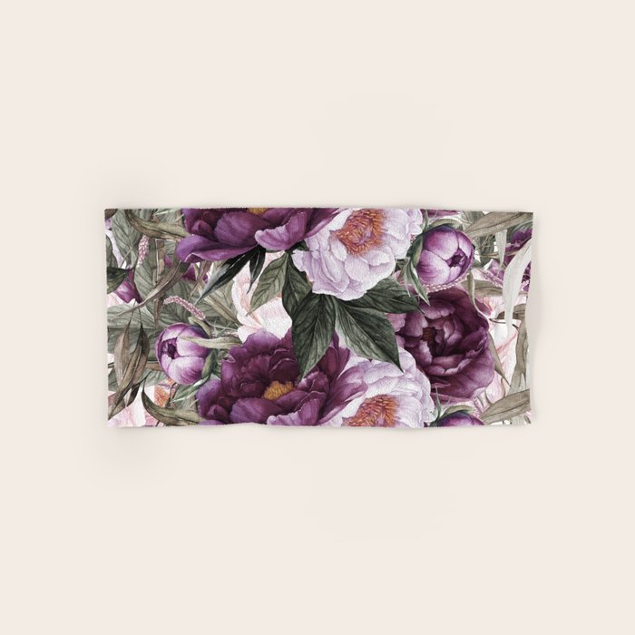 Purple Plum Pink Watercolor Peonies and Greenery Bath Towel Gallery Image 1