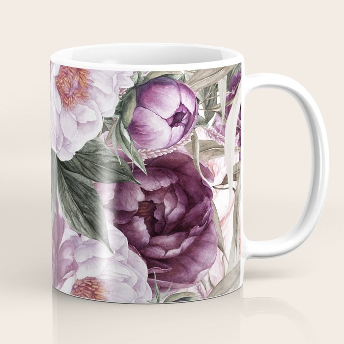 Purple Plum Pink Watercolor Peonies and Greenery Coffee Mug Gallery Image 1