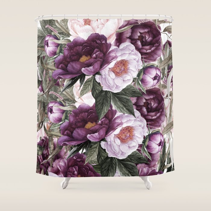 Purple Plum Pink Watercolor Peonies and Greenery Shower Curtain Gallery Image 1
