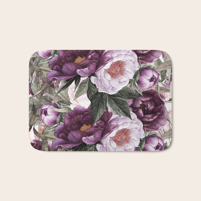 Purple Plum Pink Watercolor Peonies and Greenery Bath Mat Gallery Image 1