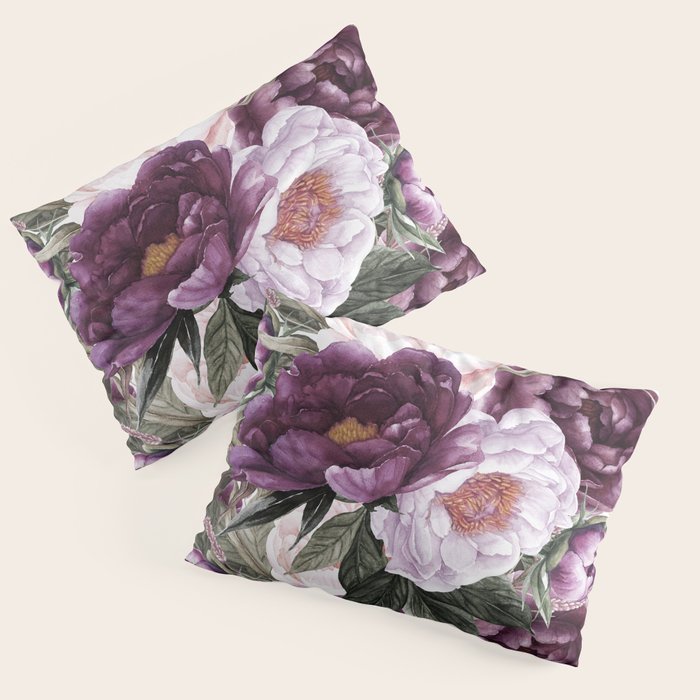 Purple Plum Pink Watercolor Peonies and Greenery Pillow Sham Gallery Image 1
