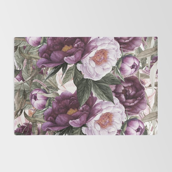 Purple Plum Pink Watercolor Peonies and Greenery Rug Gallery Image 2