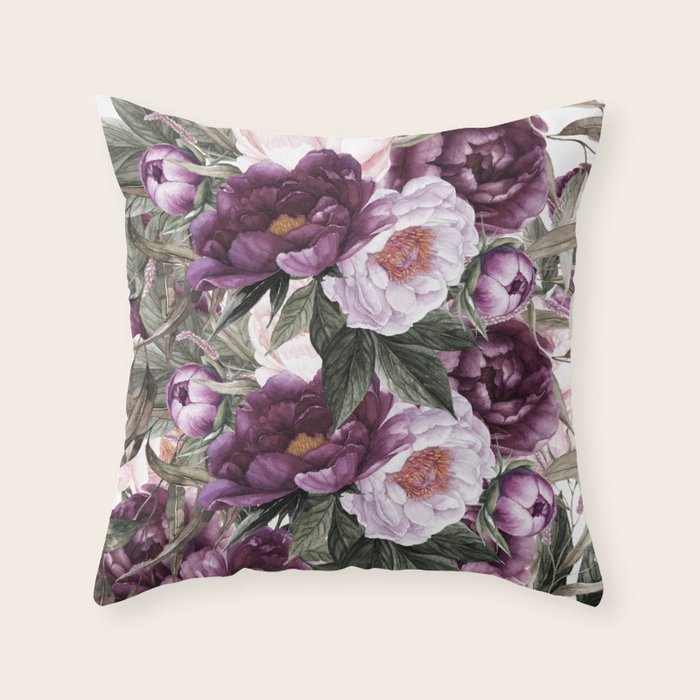Purple Plum Pink Watercolor Peonies and Greenery Throw Pillow Gallery Image 6