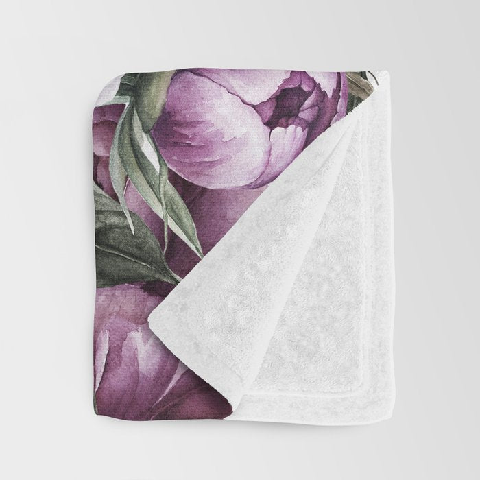 Purple Plum Pink Watercolor Peonies and Greenery Throw Blanket Gallery Image 3