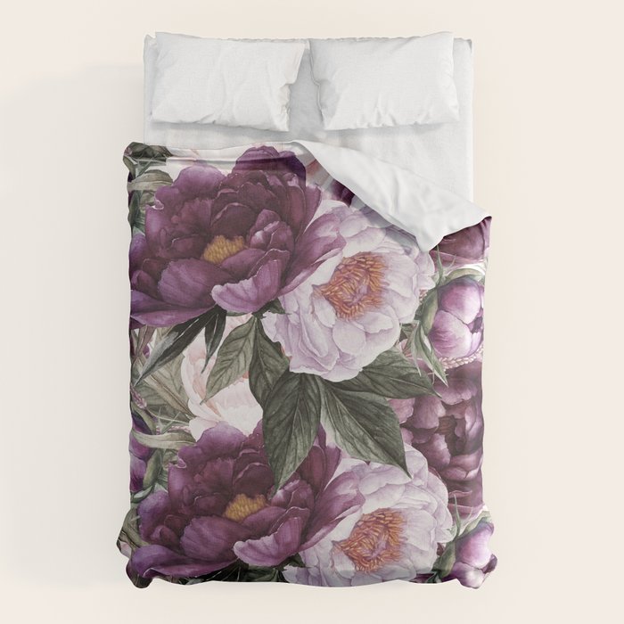 Purple Plum Pink Watercolor Peonies and Greenery Duvet Cover Gallery Image 1