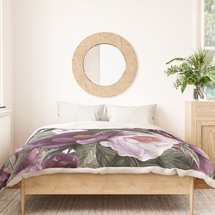Purple Plum Pink Watercolor Peonies and Greenery Duvet Cover Gallery Image 3