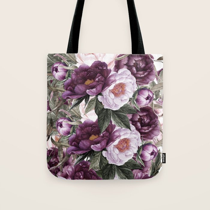 Purple Plum Pink Watercolor Peonies and Greenery Tote Bag Gallery Image 1