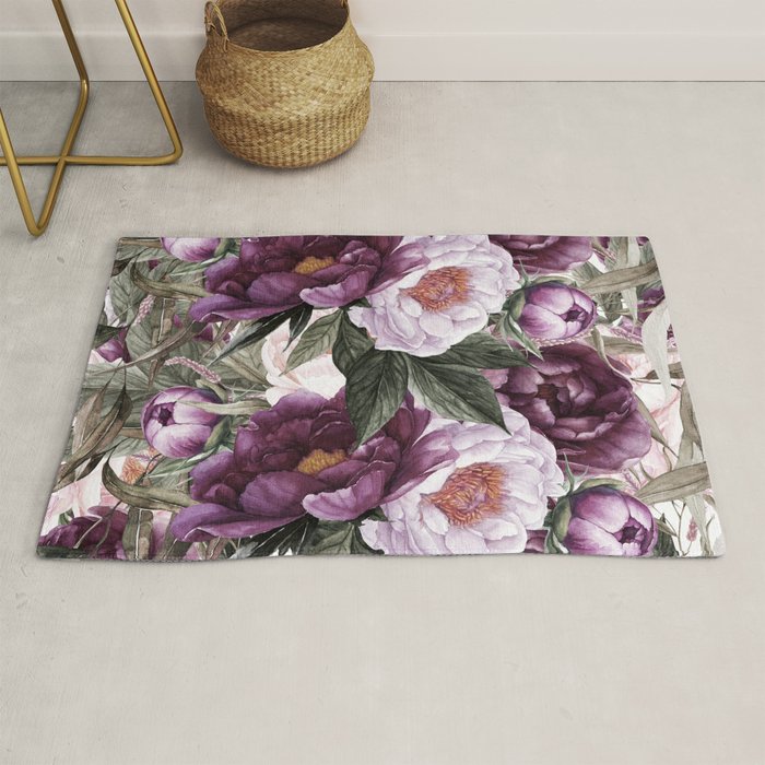 Purple Plum Pink Watercolor Peonies and Greenery Rug Gallery Image 1