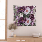 Purple Plum Pink Watercolor Peonies and Greenery Wall Tapestry Gallery Image 2