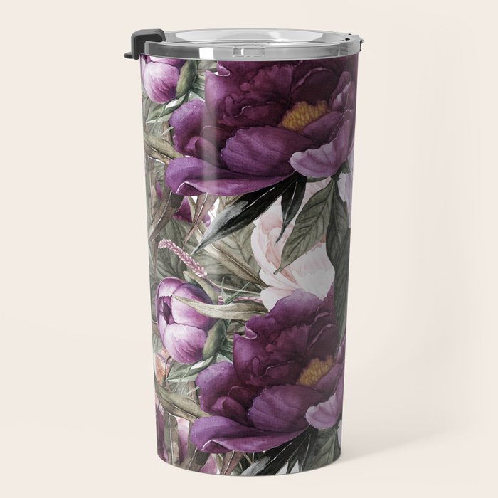Purple Plum Pink Watercolor Peonies and Greenery Travel Mug Gallery Image 3
