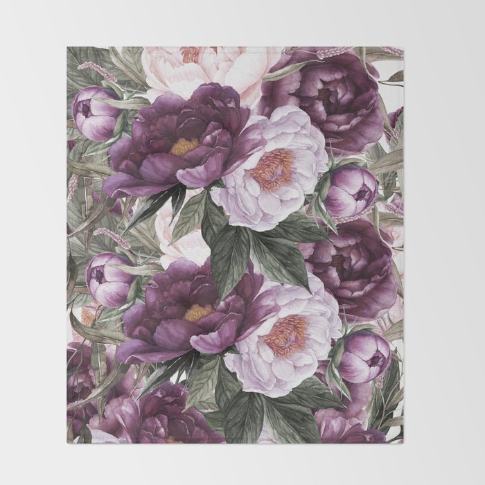 Purple Plum Pink Watercolor Peonies and Greenery Throw Blanket Gallery Image 2