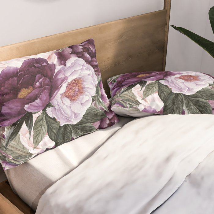 Purple Plum Pink Watercolor Peonies and Greenery Pillow Sham Gallery Image 2