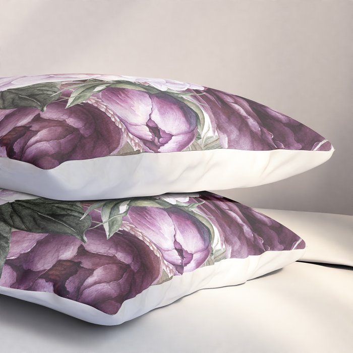 Purple Plum Pink Watercolor Peonies and Greenery Pillow Sham Gallery Image 3