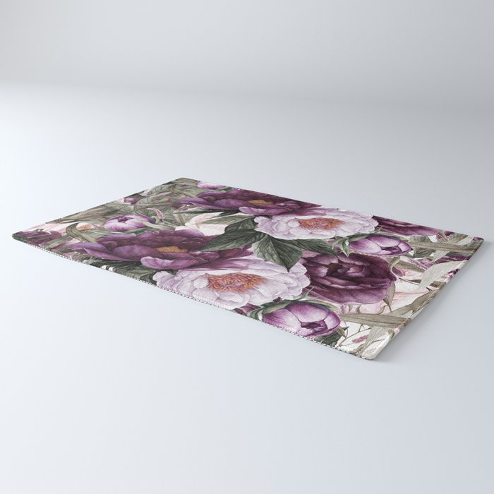 Purple Plum Pink Watercolor Peonies and Greenery Rug Gallery Image 3