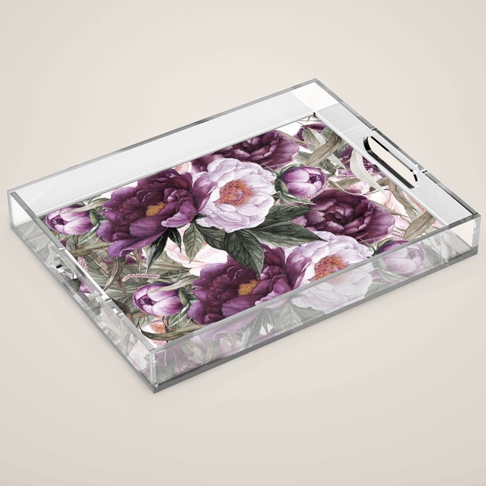 Purple Plum Pink Watercolor Peonies and Greenery Acrylic Tray Gallery Image 1