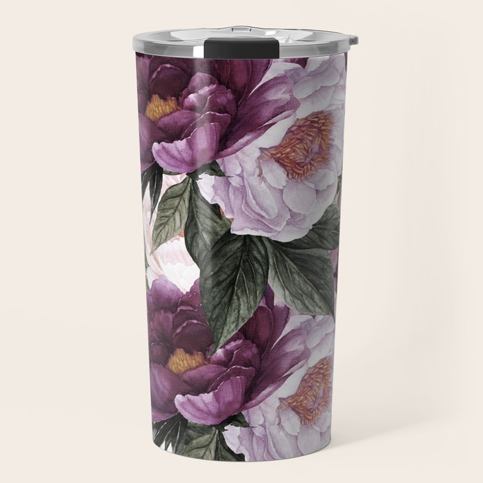 Purple Plum Pink Watercolor Peonies and Greenery Travel Mug Gallery Image 1