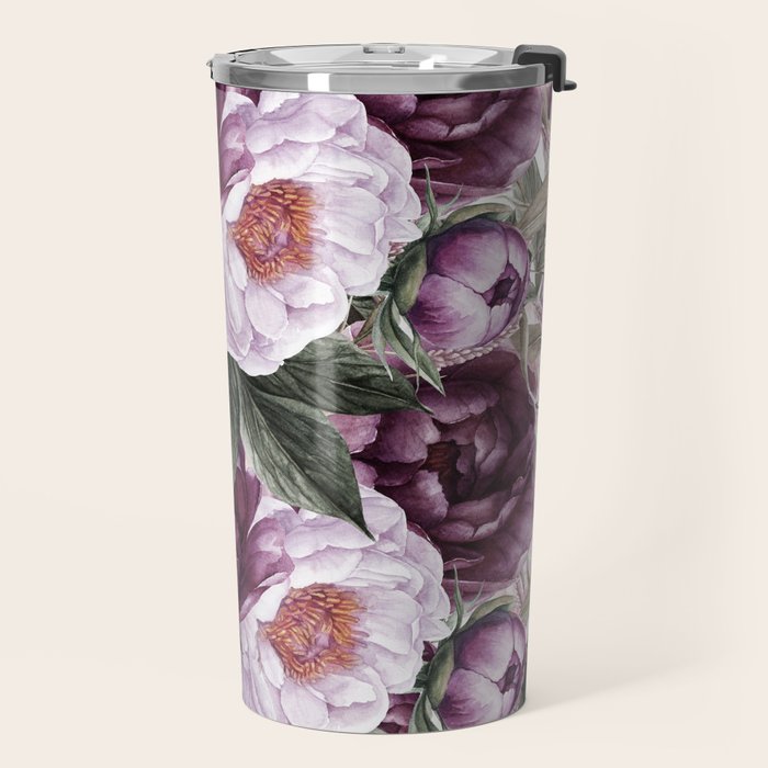 Purple Plum Pink Watercolor Peonies and Greenery Travel Mug Gallery Image 2