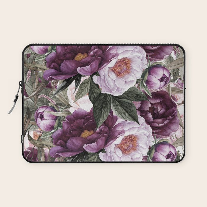 Purple Plum Pink Watercolor Peonies and Greenery Laptop Sleeve Gallery Image 1