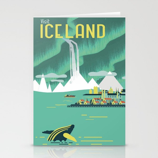 Vintage Mid Century Modern Iceland Scandinavian Travel Poster Ocean Whale Winter Village Stationery Card Gallery Image 1