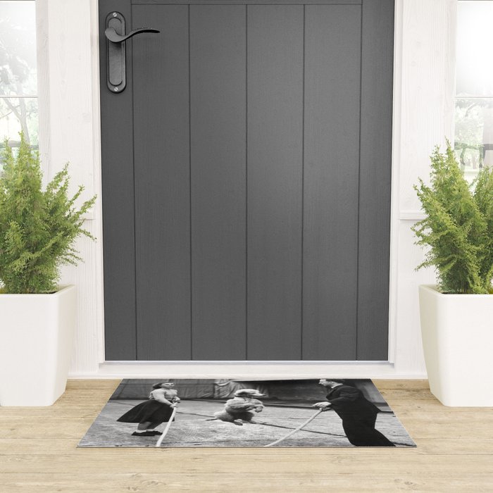 Poodle Jumping Rope, Black and White, Vintage Art Welcome Mat Gallery Image 3
