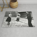Poodle Jumping Rope, Black and White, Vintage Art Rug Gallery Image 1
